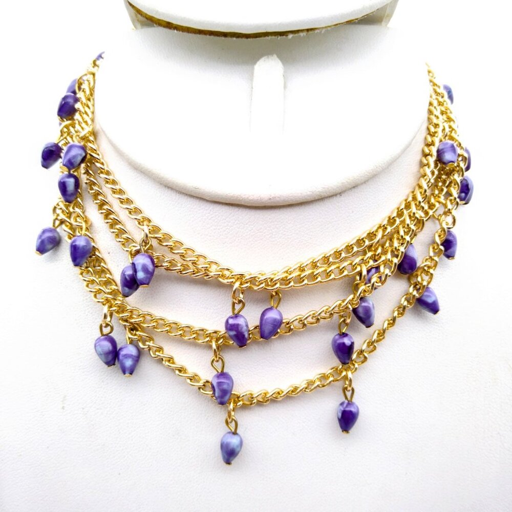 Vintage Curb Link Eloxal Chain Necklace with Purple Dangle Beads, Chic Fun Retro
